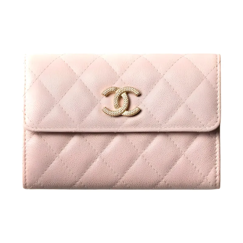 CHANEL Caviar Cow Leather And Gold Metal Flap Bag Wallet Women's Light Pink-0