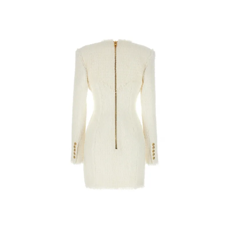 BALMAIN Long Sleeved Button-Detailed Tweed Dress-1