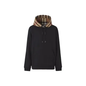 Burberry Check Hood Cotton Blend Hooded Sweatshirt