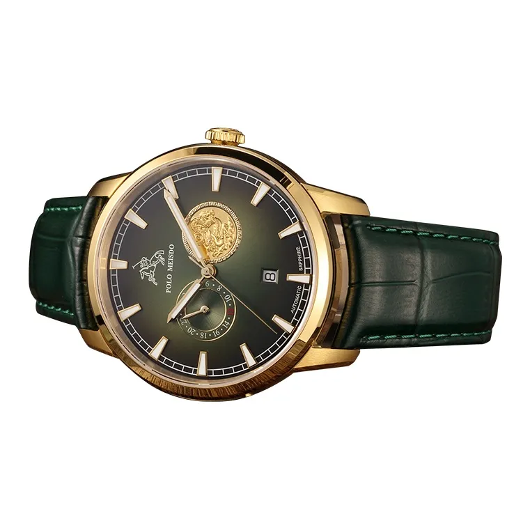 POLOMEISDO POLO Wrist Watch Automatic Mechanical Movement Cowhide Strap 41mm Green Dial Men's Watches Wooden Box-2