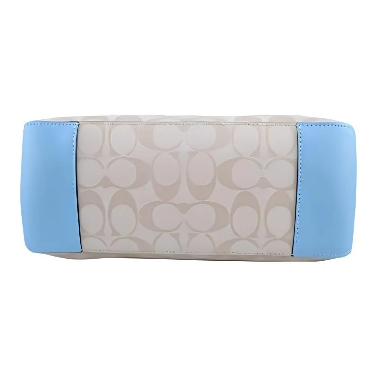 COACH Zip Top Tote Canvas With Leather Shoulder Bag Large Size Women's Light Khaki With Light Blue Accents-4