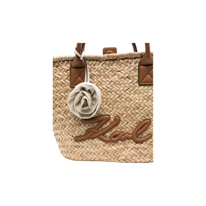 KARL LAGERFELD K/SIGNATURE Straw Tote Bag, Shopping Bag, Handbag Medium Size Women's Light Brown-3
