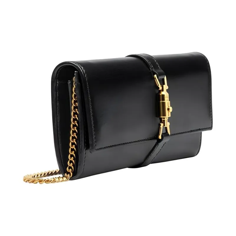 GUCCI Jackie 1961 Leather WOC Chain Bag Shoulder Bag, Crossbody Bag Trumpets Women's Black Gold-1