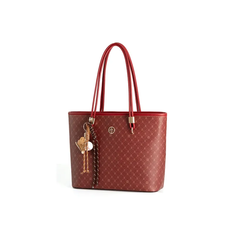 Vigno Synthetic Leather Shopping Bag, Shoulder Bag Regular Women's Khaki/Red-7