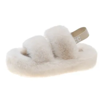 ECAC Fall Winter Fuzzy Platform Insulated Shoes With Rear Strap For Home Use