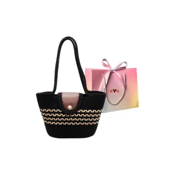 Yalu Straw Woven Shoulder Bag Regular Women's Black/Ecru/Khaki