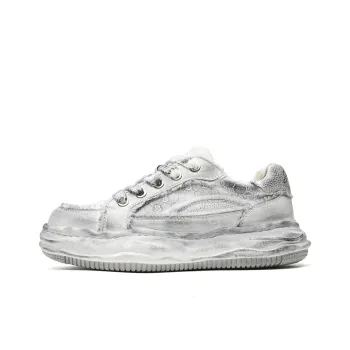 KUNGFUDEER Distressed Aesthetic Anti Slip Wear Resistant Low Top Skateboard Shoes Men's White Gray