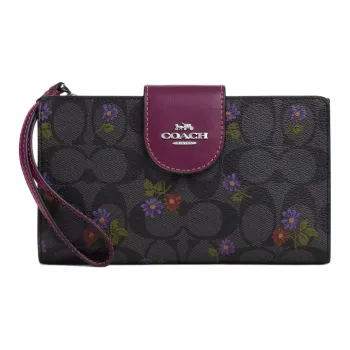 COACH Wallet Canvas With Leather Wrist Wallets Clutches Small Size Women's Graphite Deep Raspberry