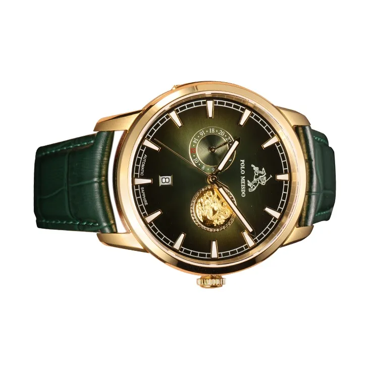 POLOMEISDO POLO Wrist Watch Automatic Mechanical Movement Cowhide Strap 41mm Green Dial Men's Watches Wooden Box-3