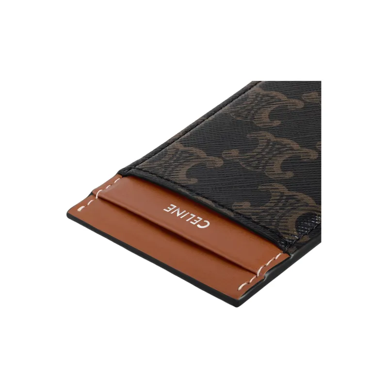 CELINE Triomphe Canvas paneled Calfskin Trim Card Holder Men's Tan-3
