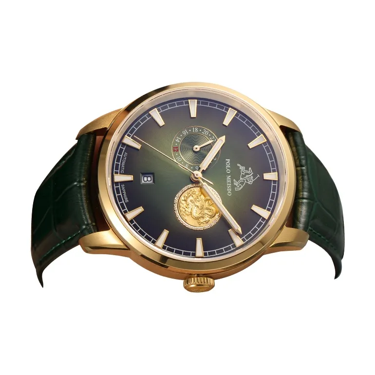 POLOMEISDO POLO Wrist Watch Automatic Mechanical Movement Cowhide Strap 41mm Green Dial Men's Watches Wooden Box-4