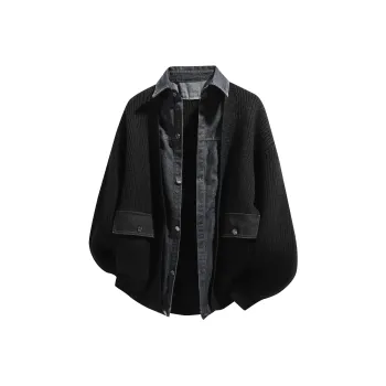BOTH PLAY Fashion Versatile Mock Two Piece Denim Shirt Anti Pilling Large Pocket Cardigan Knitwear Unisex Black