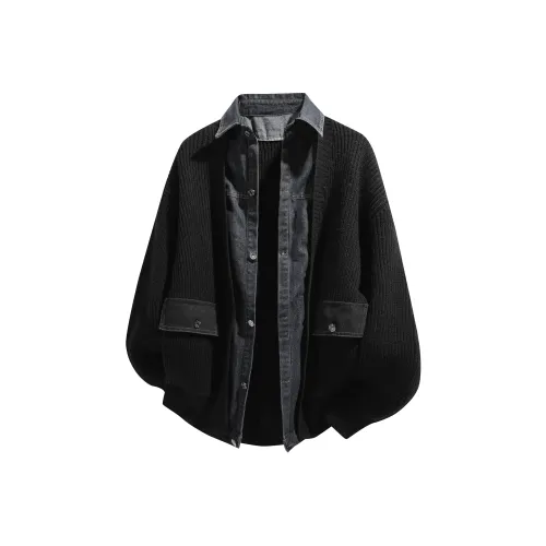 BOTH PLAY Fashion Versatile Mock Two Piece Denim Shirt Anti Pilling Large Pocket Cardigan Knitwear Unisex Black
