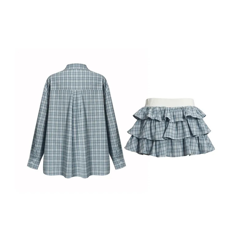 BEAUTIFUL CONFESSION Skirt Set Women's Blue Plaid-1