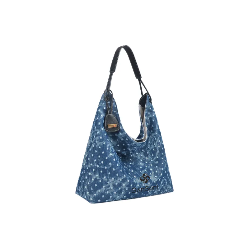 SANSONT Stars Pattern Washed Denim Tote Bag, Shoulder Bag Regular Women's Denim Blue-0