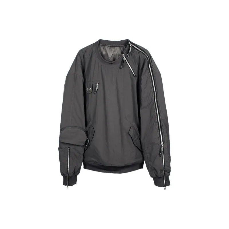 FARFROMWHAT FW22 Military 3d Pocket ZipperWay Fullover Reversible Sweatshirt Unisex Dark Gray-0