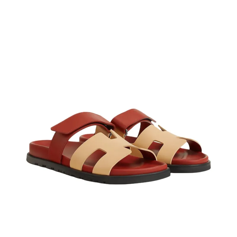 HERMES Chypre Slide Slippers Women's Beige Red-2