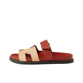 HERMES Chypre Slide Slippers Women's Beige Red