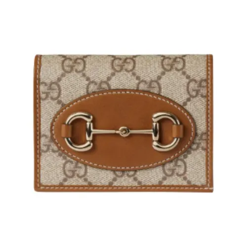 GUCCI Horsebit 1955 Canvas Card Holder Women's Beige & Dark Brown