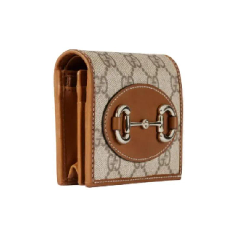 GUCCI Horsebit 1955 Canvas Card Holder Women's Beige & Dark Brown-1