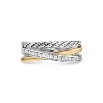 David Yurman 18kt Yellow Gold Crossover Three Row Diamond Ring 7mm