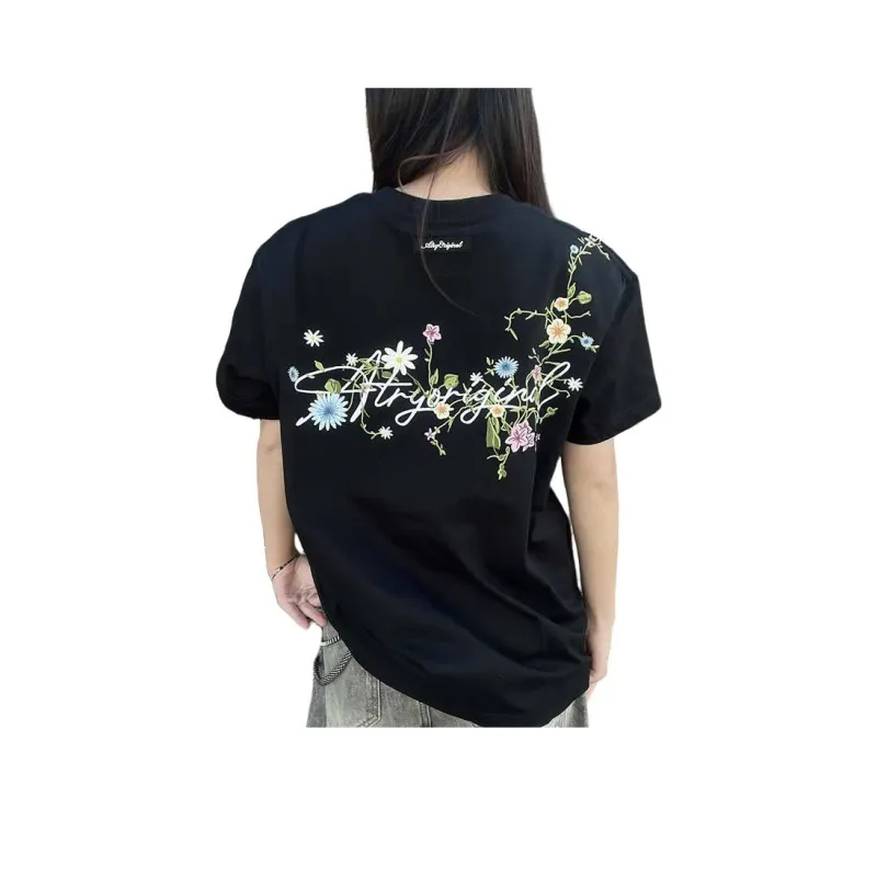 WELTER EXPERIMENT Solid Color Casual Comfortable Loose Fit Embroidery T Shirt Unisex-0
