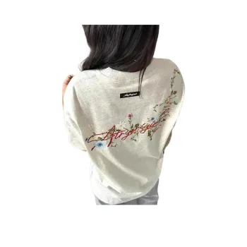 Lulifama Solid Color Casual Comfortable Loose Fit Embroidery T Shirt Unisex