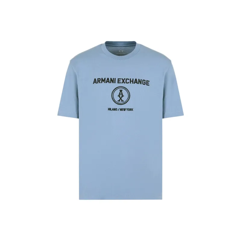 ARMANI EXCHANGEAE Letter Logo Embroidered Crew Neck Short Sleeved T Shirt T Shirt Men's Haze Blue-0