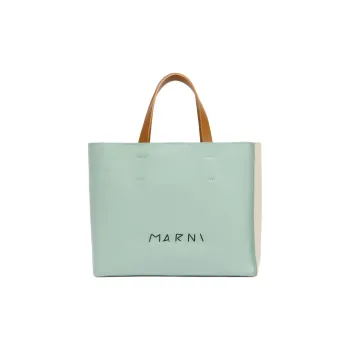 MARNI Museo Calfskin Tote Bag, Shopping Bag, Shoulder Bag, Handbag Women's Green & Cream & Brown