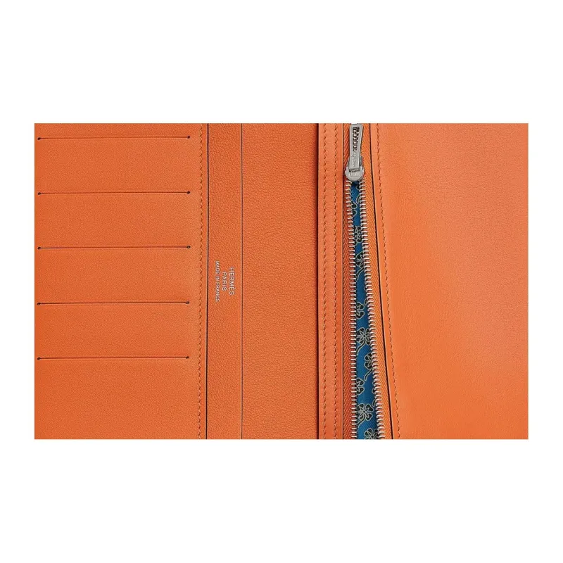 HERMES Citizen Twill Swift Calfskin Wallet Women's Orange & Riviera Blue & Dizzy Green-2