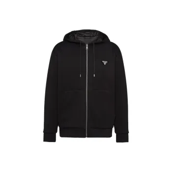 PRADA Logo Appliqué Zip Up Drawstring Hoodie