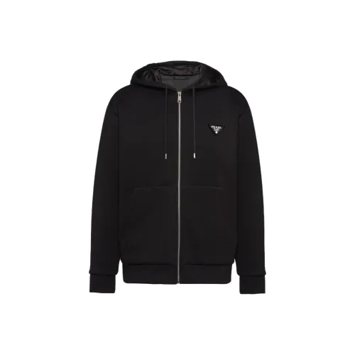 PRADA Logo Appliqué Zip Up Drawstring Hoodie