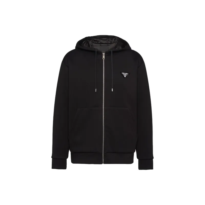 PRADA Logo Appliqué Zip Up Drawstring Hoodie-0