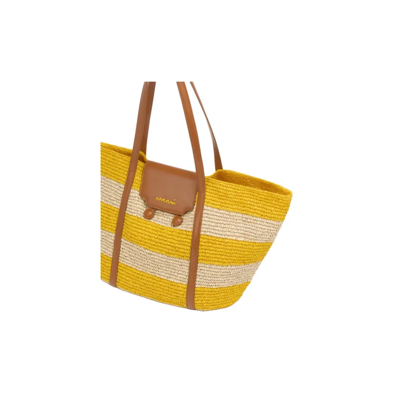 MARNI Trunkaroo Paper With Calfskin Tote Bag Shopping Bag Handbag Shoulder Bag Medium Size Women's Natural & Deep Lemon-3