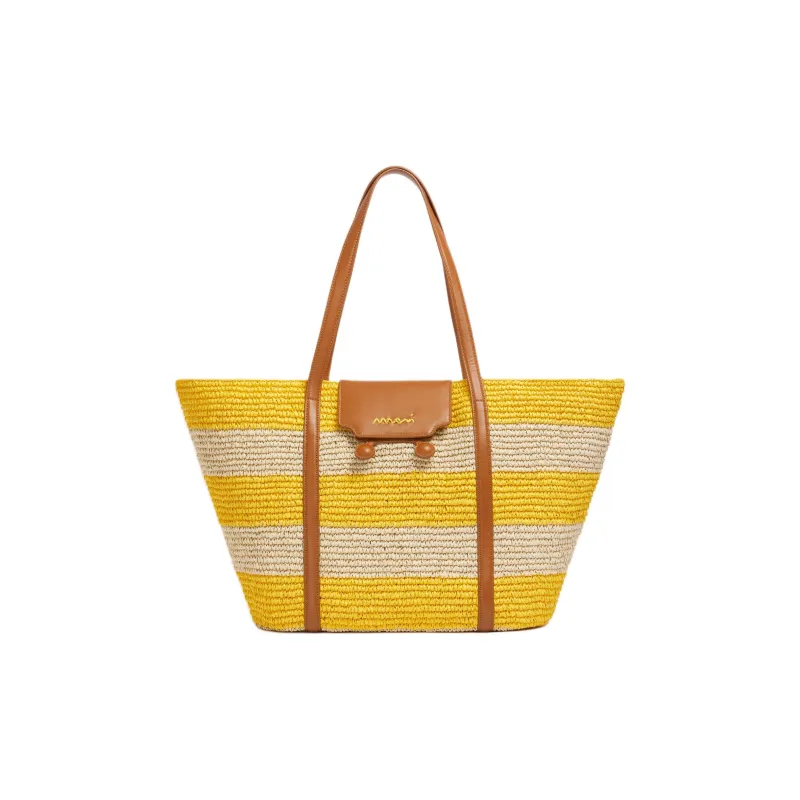 MARNI Trunkaroo Paper With Calfskin Tote Bag Shopping Bag Handbag Shoulder Bag Medium Size Women's Natural & Deep Lemon-0