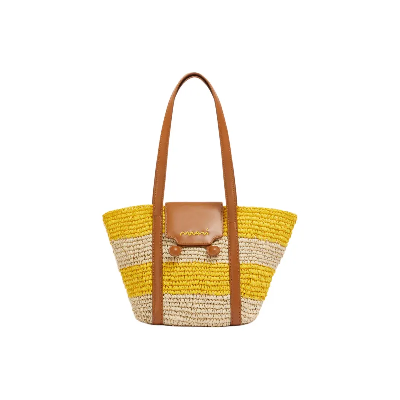 MARNI Trunkaroo Paper With Calfskin Tote Bag, Shopping Bag, Handbag, Shoulder Bag Trumpets Women's Natural & Deep Lemon-0