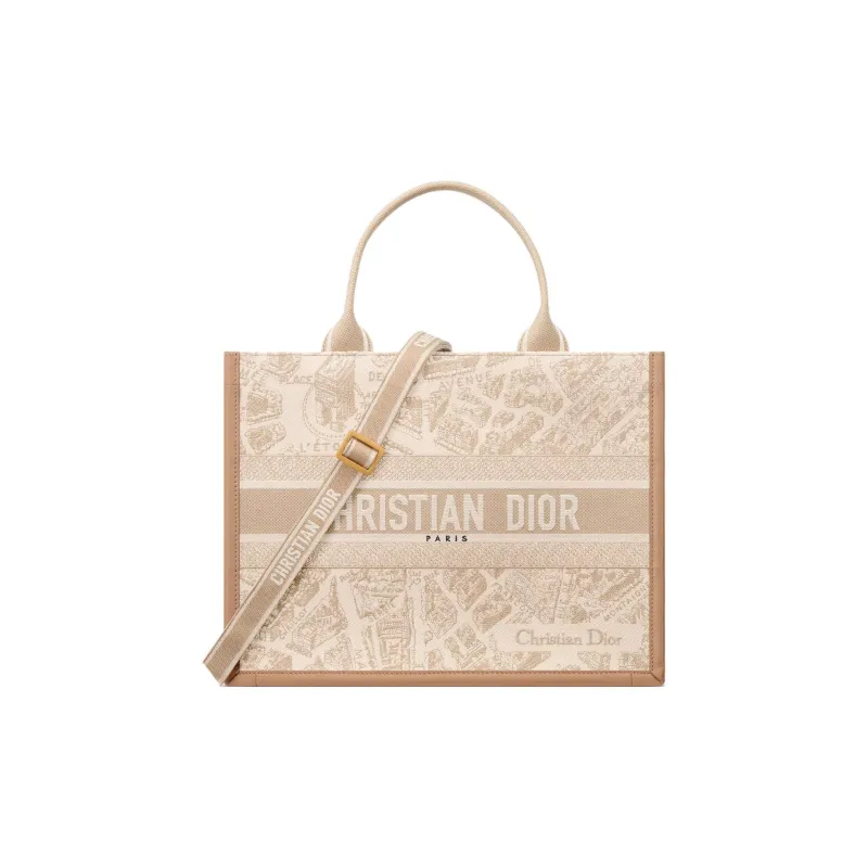 DIOR BookTote Cotton Tote Bag, Shopping Bag, Shoulder Bag, Handbag Medium Size Women's Beige-0