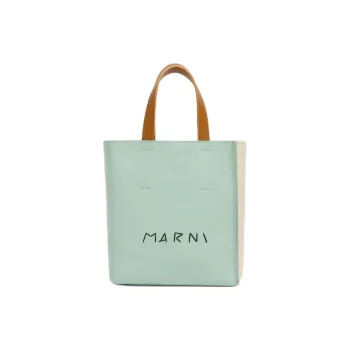 MARNI Museo Calfskin Tote Bag, Shopping Bag, Shoulder Bag, Handbag Mini Women's Green & Cream & Brown