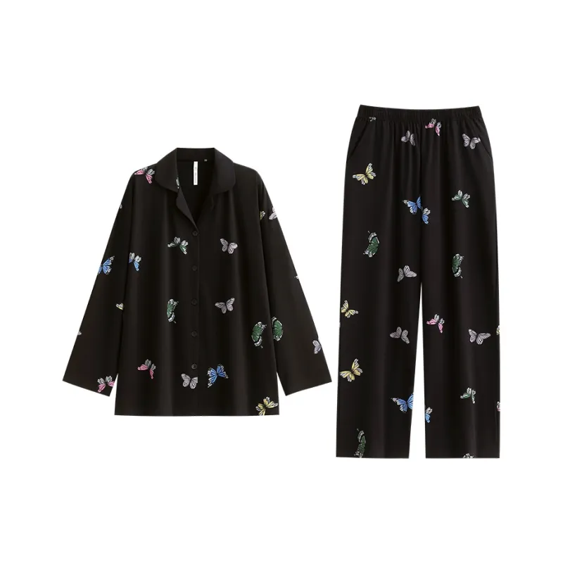Yue Nei Pajama Set Women's Black Iridescent Butterfly-0