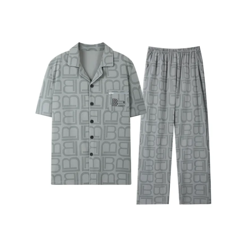 H YXIANG Pajama Set Men's Gray Green-0