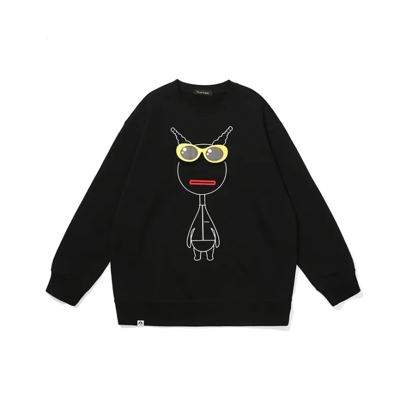 Thankque Crew Neck Loose Fit Sweatshirt Unisex Black-0