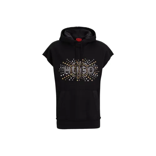 HUGO BOSS Sleeveless Cotton Hoodie With Stud Effect Artwork Sweatshirt Men's Black