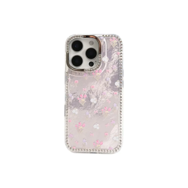 Wei Xin Acrylic Material Pink Base Tin Foil Floral Phone Cases Compatible With IPhone 16/15 Pro Max/Apple 13/14 Pro/Max-1