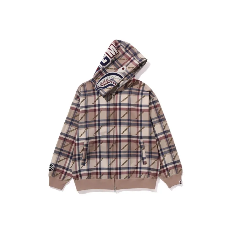 Bape Logo Check Pattern Shark Full Zip Hoodie-0