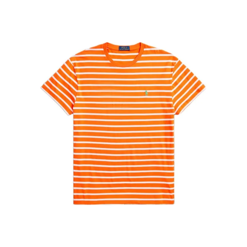 Polo Ralph Lauren Striped Loog Embroidery Crew Neck Pullover Short Sleeved T Shirt Men's Orange-0
