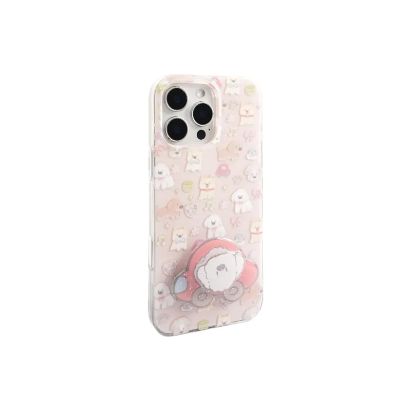 Wei Xin Acrylic Material Car Floral Puppy Stand Phone Cases Compatible With IPhone 16/15 Pro Max/Apple 13/14 Pro/Max-1