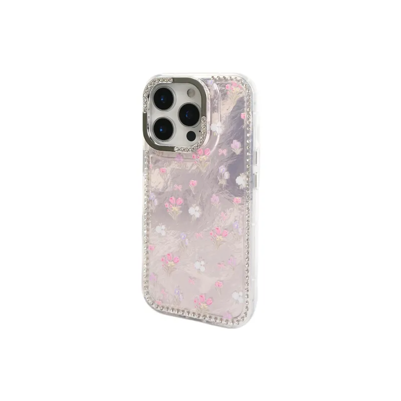 Wei Xin Acrylic Material Pink Base Tin Foil Floral Phone Cases Compatible With IPhone 16/15 Pro Max/Apple 13/14 Pro/Max-3