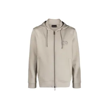 EMPORIO ARMANI Double jersey Zip up Hooded Sweatshirt With Embossed Embroidered Ea Logo