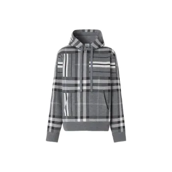 Burberry FW22 Check And Stripe Wool Blend Jacquard Hoodie Dark Grey Melange