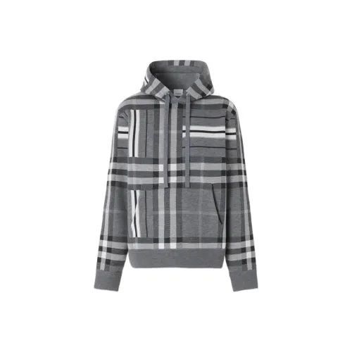 Burberry FW22 Check And Stripe Wool Blend Jacquard Hoodie Dark Grey Melange